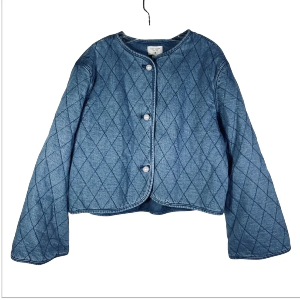 Kate Spade Women’s Blue Diamond-Pattern Quilted Cropped Denim Jean Jacket M